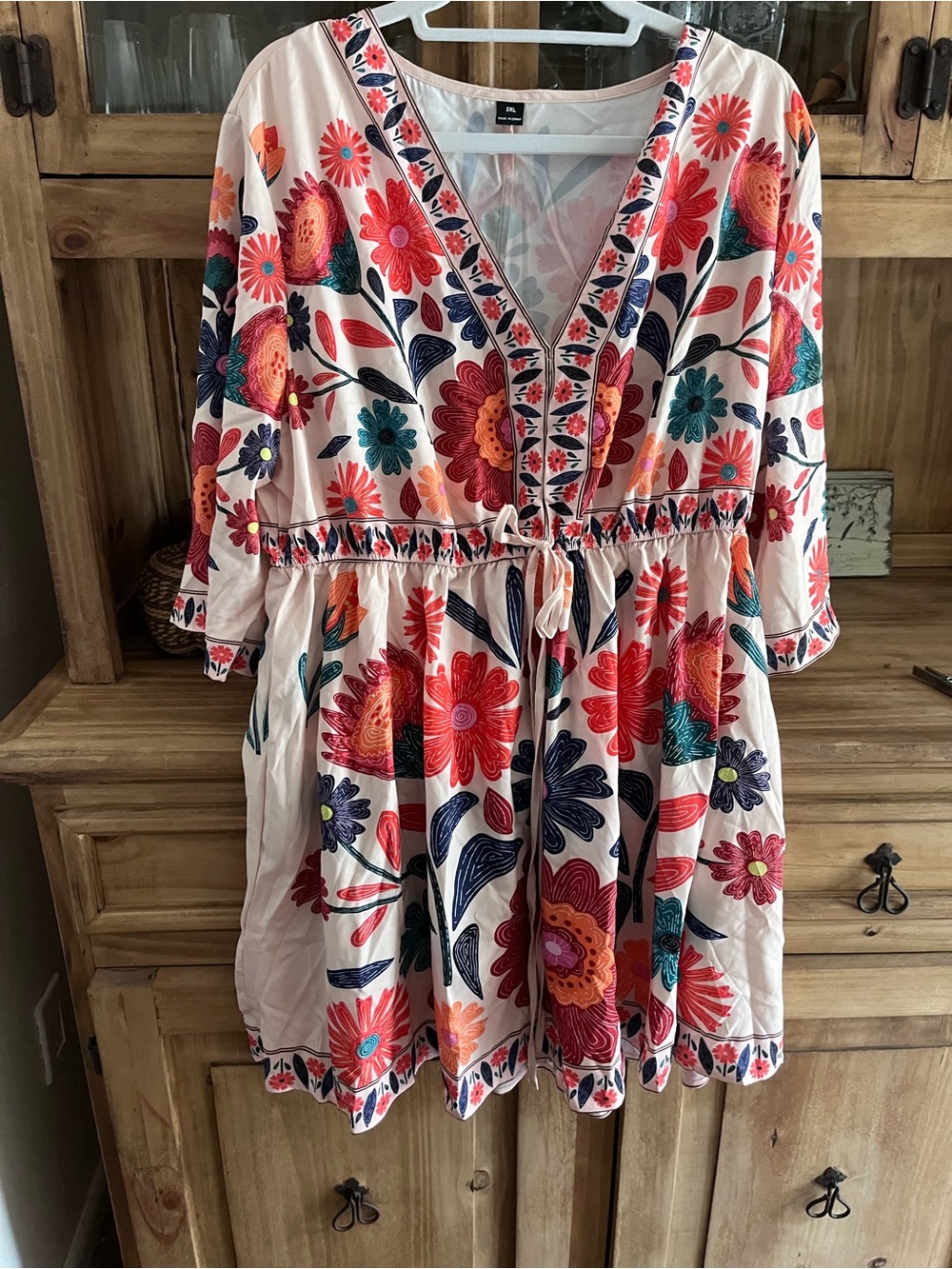 SHEIN Cream Mini Dress with Red, Coral & Teal Floral Embroidery